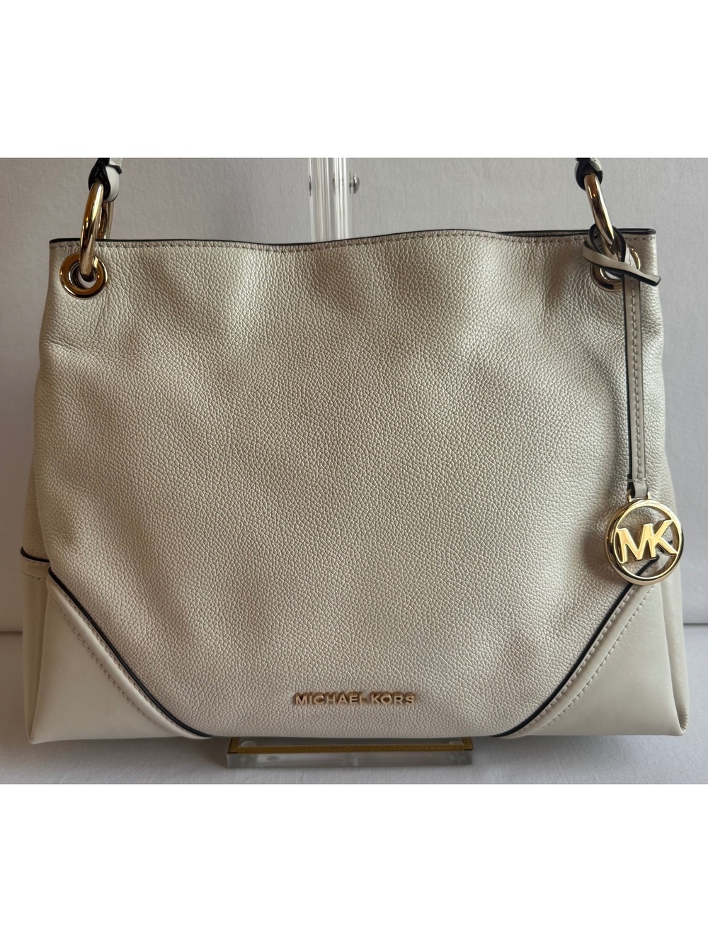 Michael Kors Nicole Medium Leather Shoulder Bag Ivory Cream Black Trim Gold MK